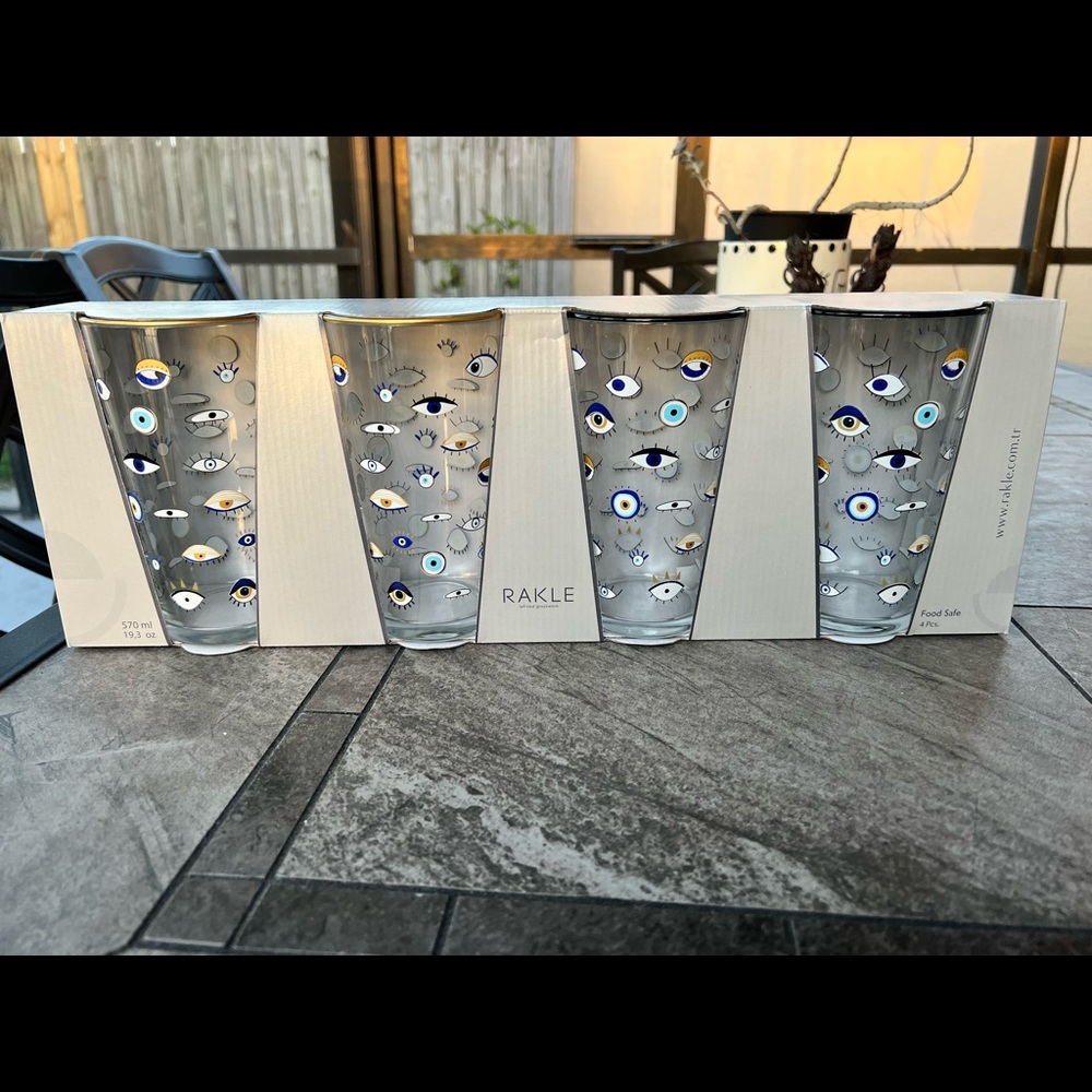 NIB 4 Rakle Refined Glassware Evil Eye Watchful Eye Mal De Ojo Drinking Glasses